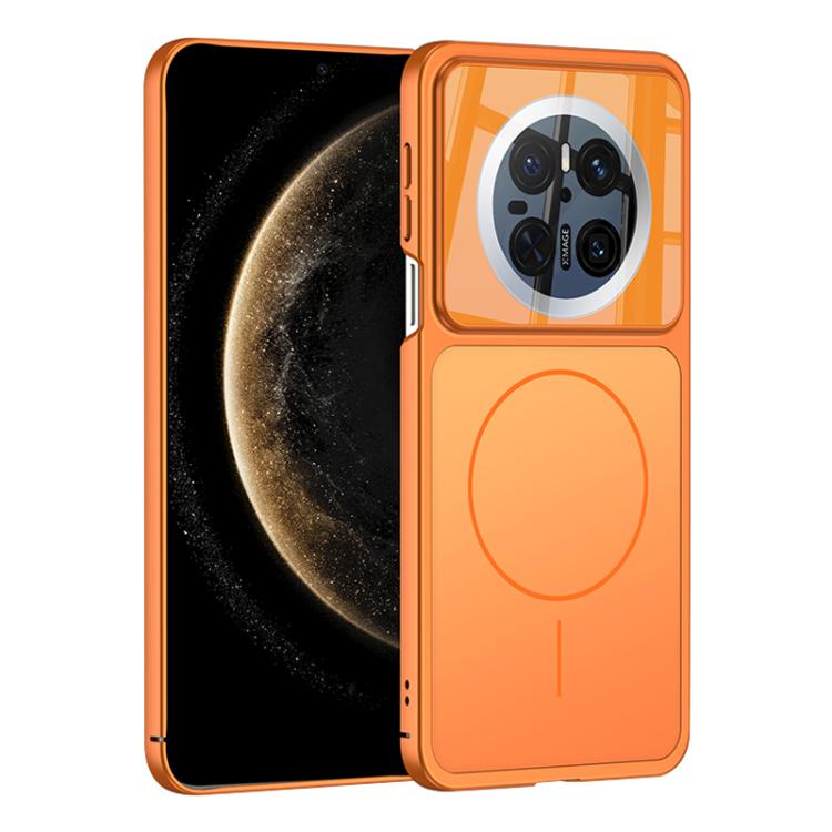 Frosted MagSafe magnetic phone case, orange with clear camera panel and ring
