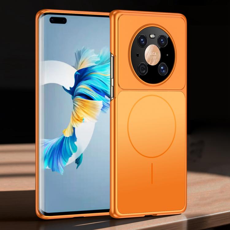 Orange frosted ultra-thin MagSafe phone case on phone, camera cutout and circular magnet