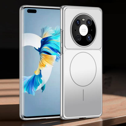 Silver frosted ultra-thin MagSafe phone case on phone, camera cutout and circular magnet