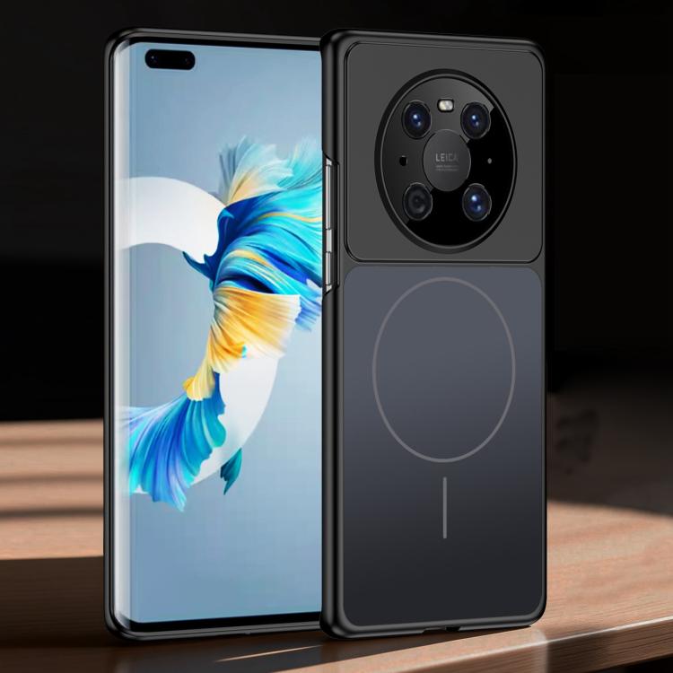 Black frosted ultra-thin MagSafe phone case on phone, camera cutout and circular magnet