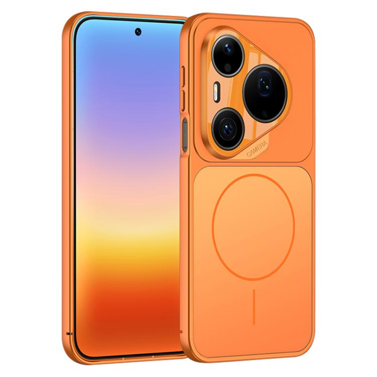 Orange frosted ultra-thin MagSafe phone case with 3 camera cutouts and circular ring detail