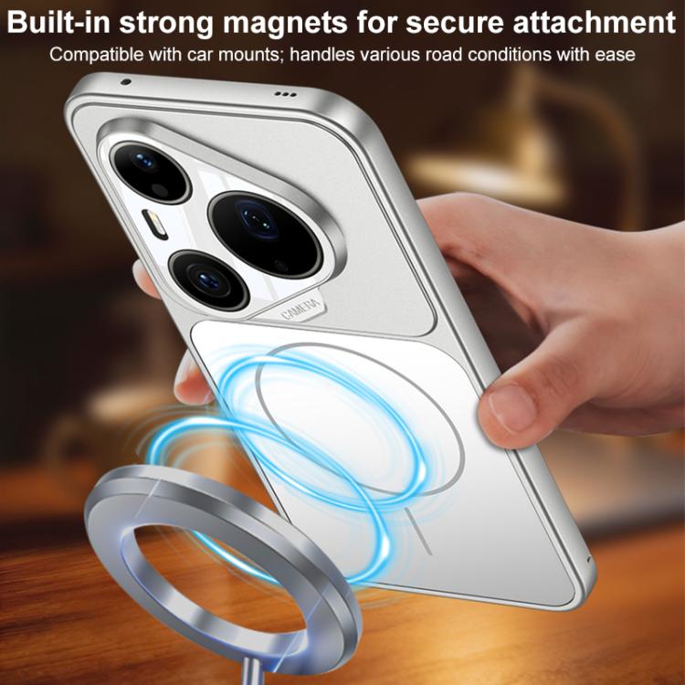 Silver frosted ultra-thin MagSafe phone case held in hand, showing MagSafe ring and cameras