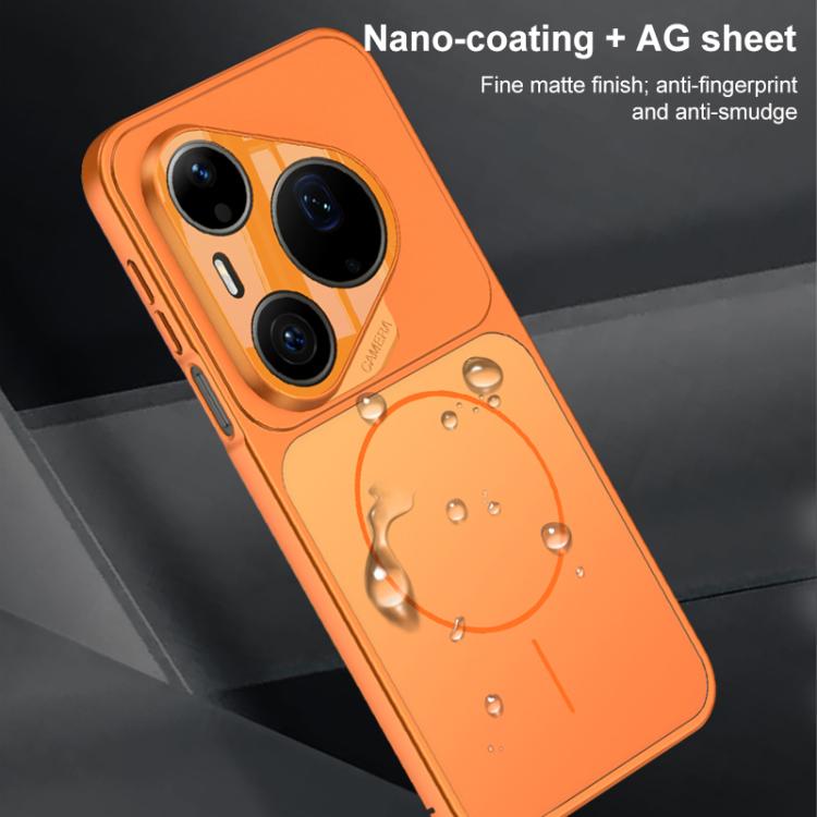 Orange frosted ultra-thin MagSafe phone case with triple camera cutouts and raised ring area