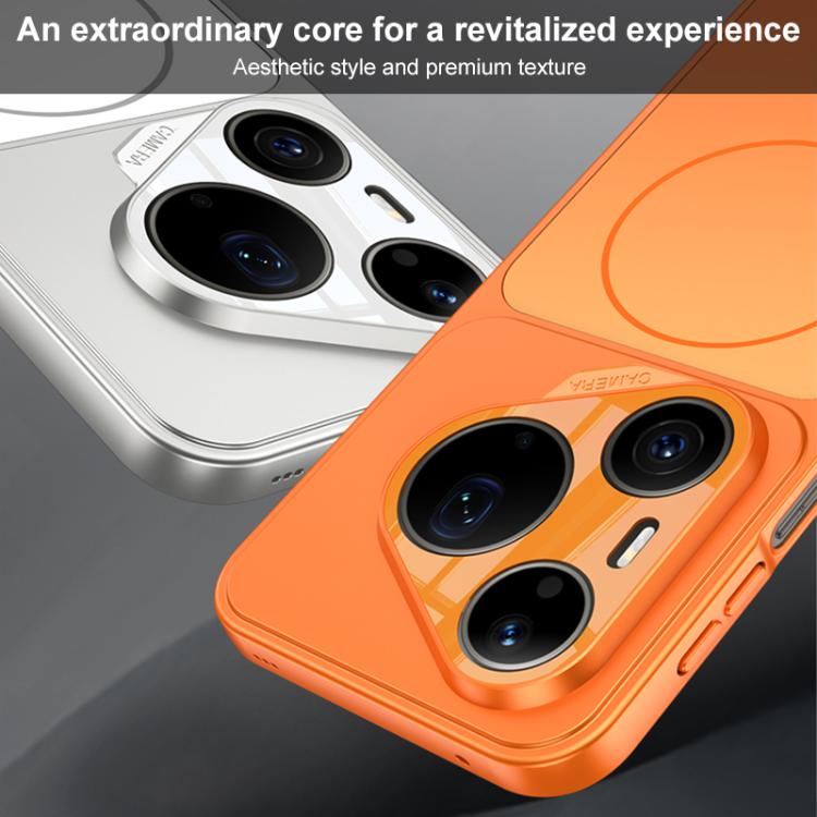 Orange and silver frosted ultra-thin MagSafe phone cases with triple camera cutouts