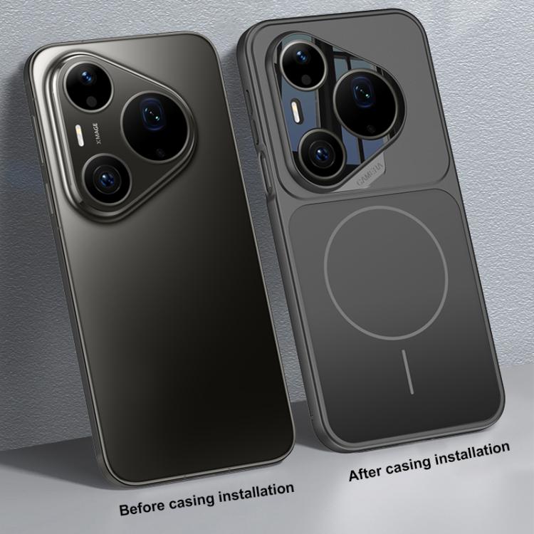 Two dark frosted ultra-thin MagSafe phone cases with circular ring and triple camera cutouts