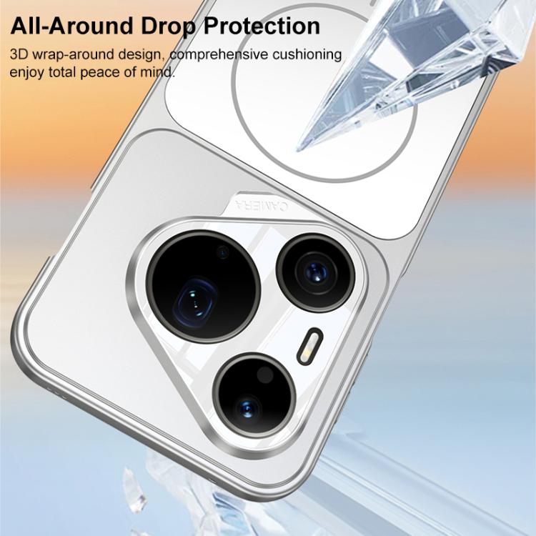 Silver frosted ultra-thin MagSafe phone case with three rear camera cutouts and ring detail