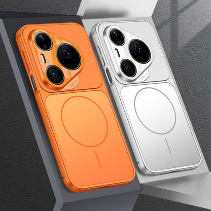 Orange and silver frosted ultra-thin MagSafe phone cases side by side with MagSafe ring
