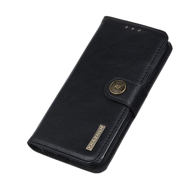 Black cowhide-textured leather flip case with belt clip style stand and emblem