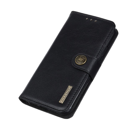 Black cowhide-textured leather flip case with belt clip style stand and emblem