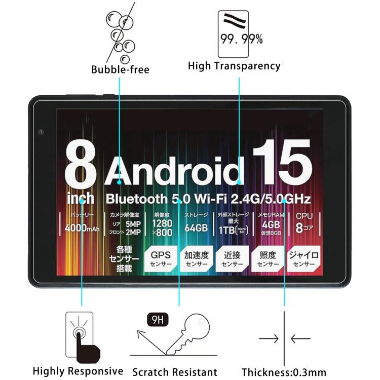 Tempered glass screen protector film with scratch-resistant, 9H hardness and thickness labels