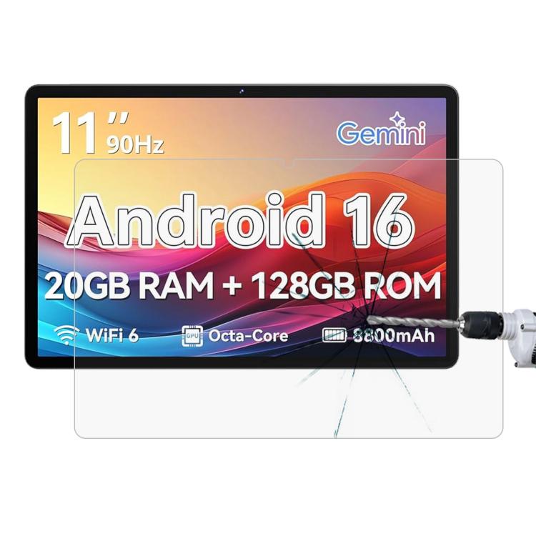 Tempered glass screen protector on 11-inch tablet display with cracked screen area