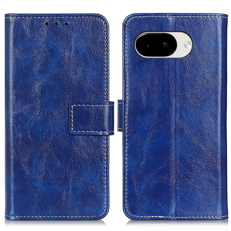 Blue leather flip phone case with textured finish, magnetic flap, card slots.