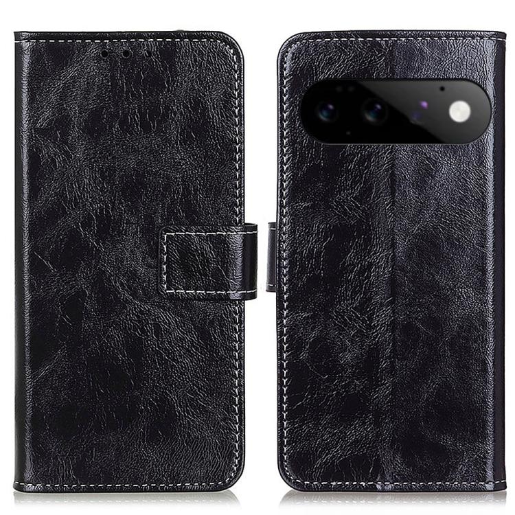 Black retro textured flip leather phone case, front camera cutout and card slot