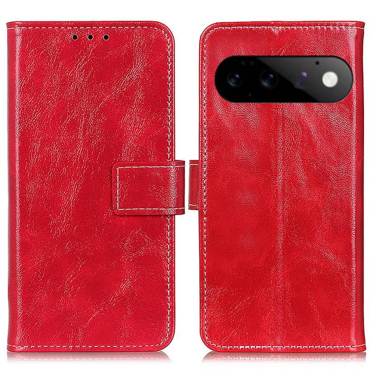 Red retro textured flip leather phone case, front camera cutout and card slot