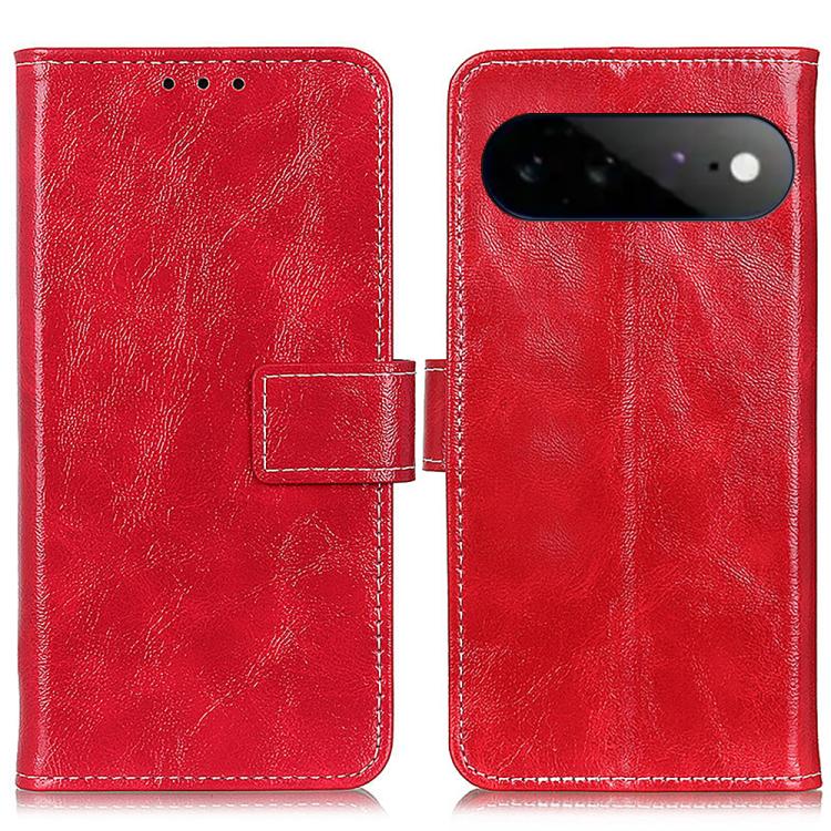 Red retro textured flip leather phone case with card slot and stitched edges
