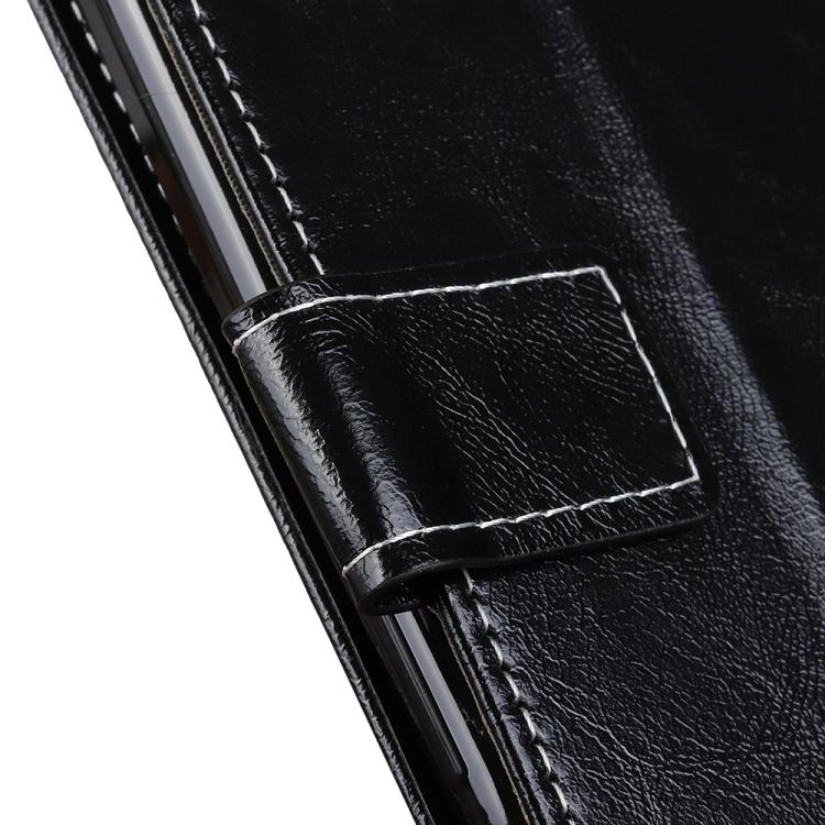 Black textured leather flip case with stitched clasp tab close-up