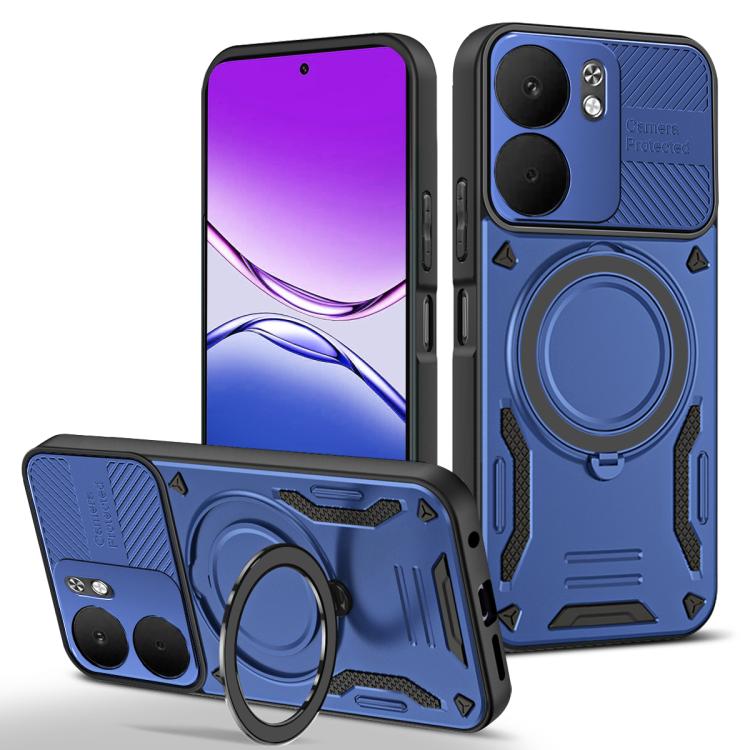 Blue TPU phone case with rotating MagSafe-style holder and camera cutouts
