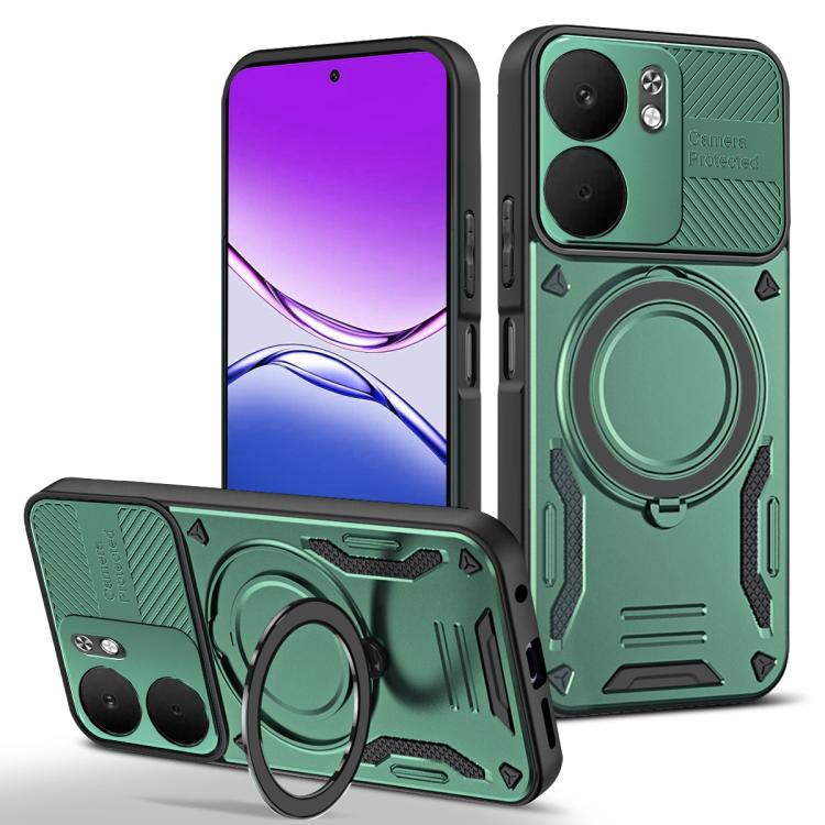 Green TPU phone case with rotating MagSafe-style holder and camera cutouts