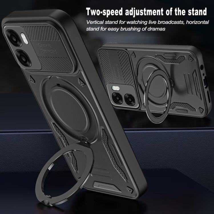 Black TPU phone case with folding finger ring stand and two-position adjustment