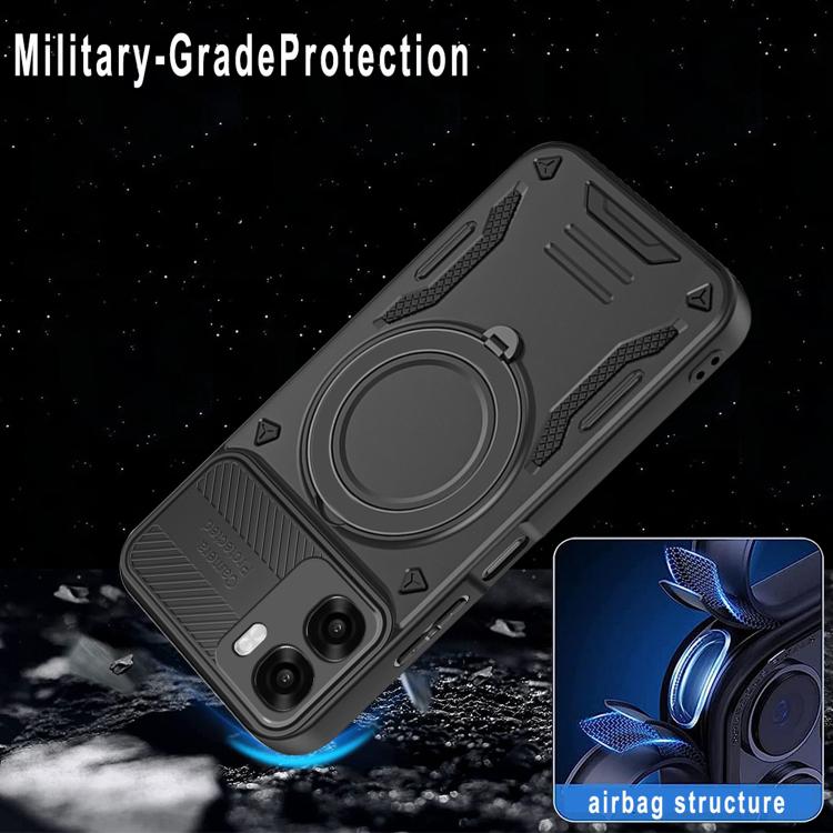 Dark TPU phone case with large circular finger ring and protective camera bumpers