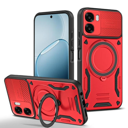 Red rotating TPU phone case with finger ring holder and raised camera protection