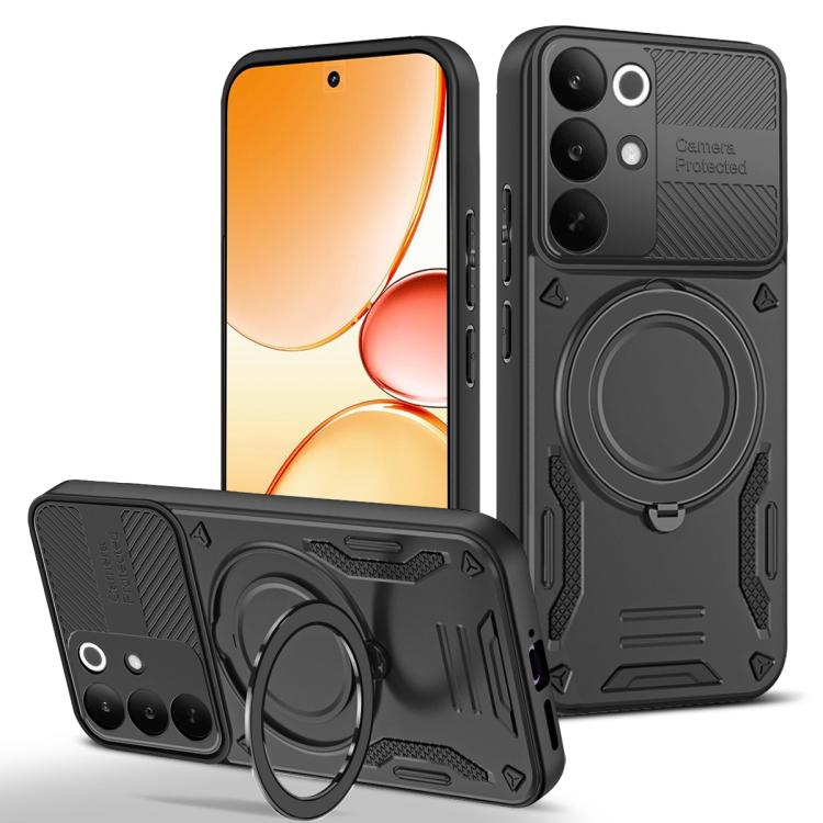 Black rugged TPU phone case with rotating finger ring holder and camera cutouts