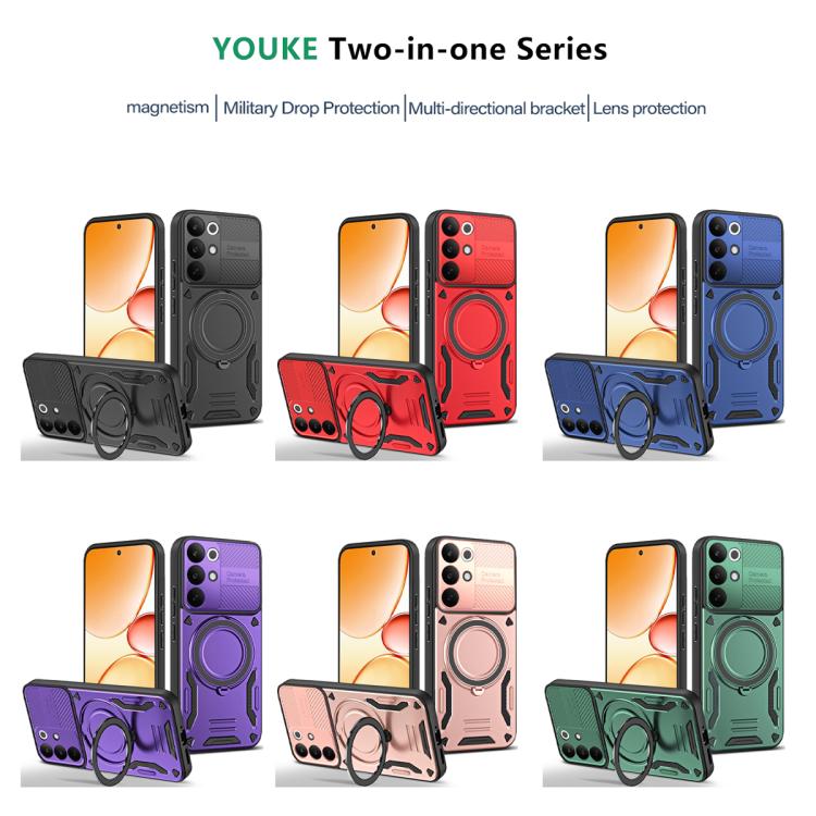 Two-in-one phone case with rotating finger ring stand, shown in multiple colors