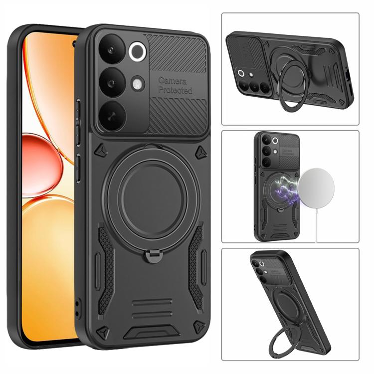 Black rugged TPU phone case with rotating ring stand and raised camera protection