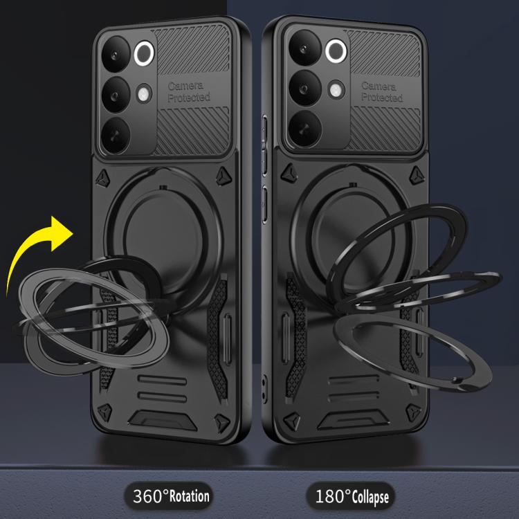 Black rugged phone case with rotating finger ring stand for 360 rotation and 180 fold