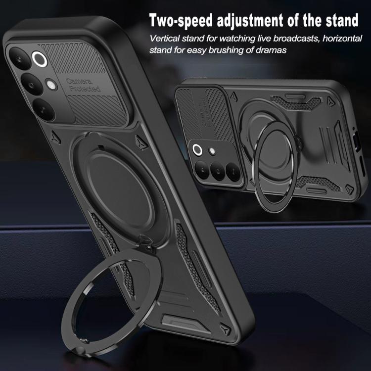 Black rugged TPU phone case with rotating finger ring stand for horizontal or vertical use