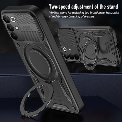 Black rugged TPU phone case with rotating finger ring stand for horizontal or vertical use