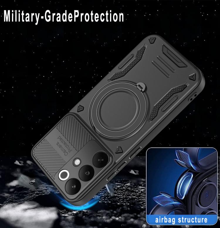 Dark gray rugged TPU phone case with rotating finger ring and camera cutouts