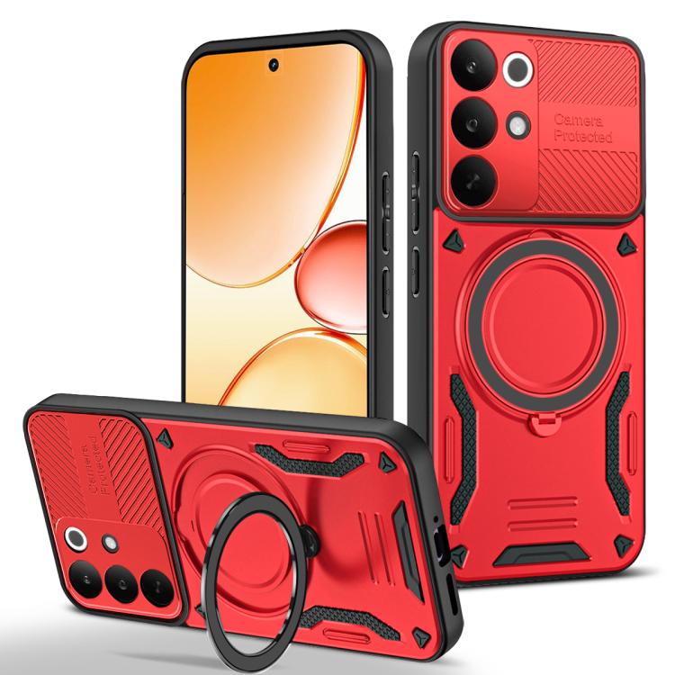 Red rugged TPU phone case with rotating finger ring holder and camera cutouts
