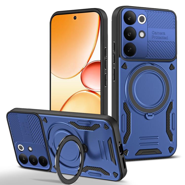 Blue rugged TPU phone case with rotating finger ring holder and camera cutouts