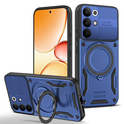 Blue rugged TPU phone case with rotating finger ring holder and camera cutouts
