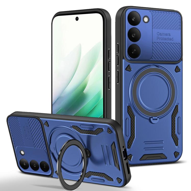 TPU phone case with rotating ring holder, blue back and front bumper protection