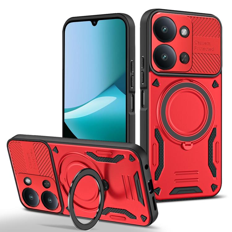 Red TPU phone case with MagSafe-style ring, rotating holder, raised camera covers