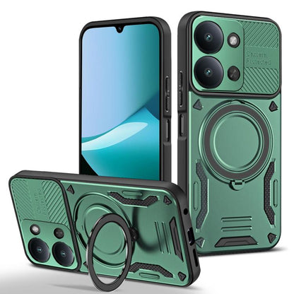Green TPU phone case with MagSafe-style ring, rotating holder, raised camera covers