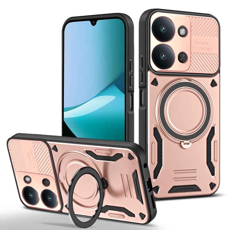 Rose gold TPU phone case with MagSafe-style ring, rotating holder, raised camera covers