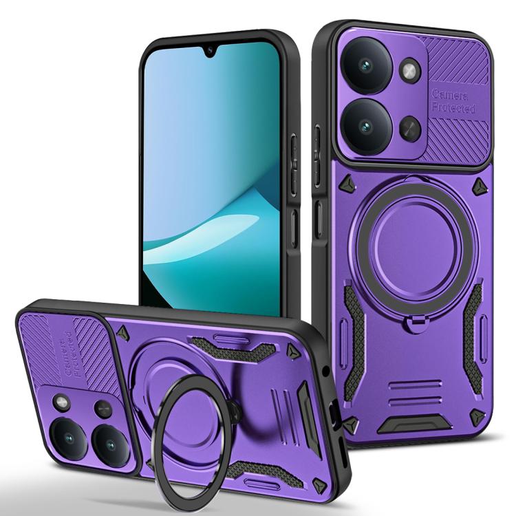 Purple TPU phone case with MagSafe-style ring, rotating holder, raised camera covers