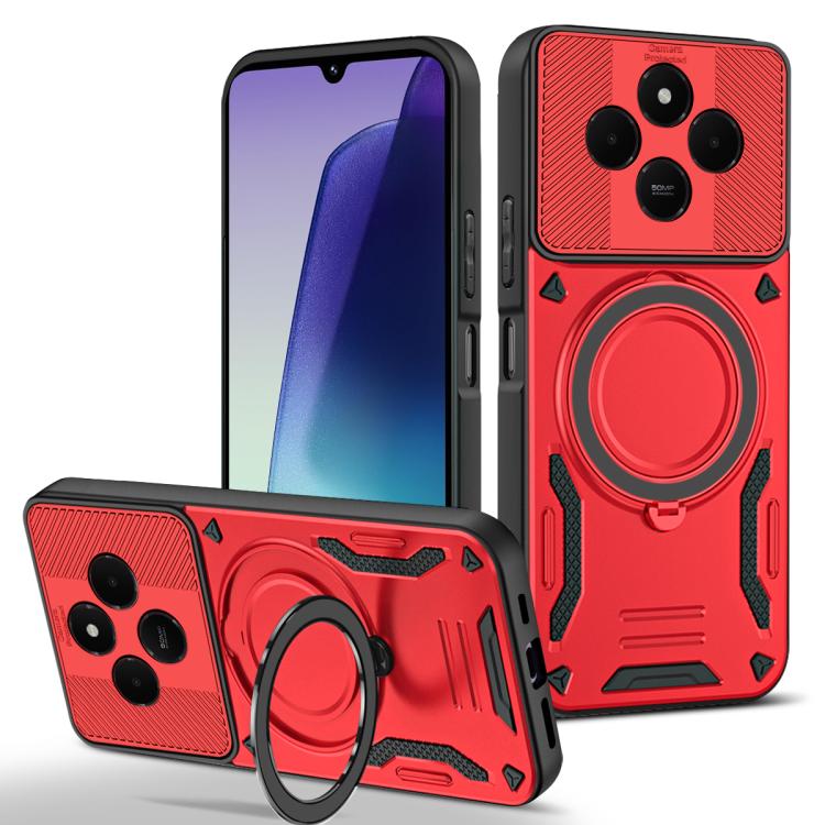 Rugged MagSafe phone case with rotating ring holder, red TPU with textured grip