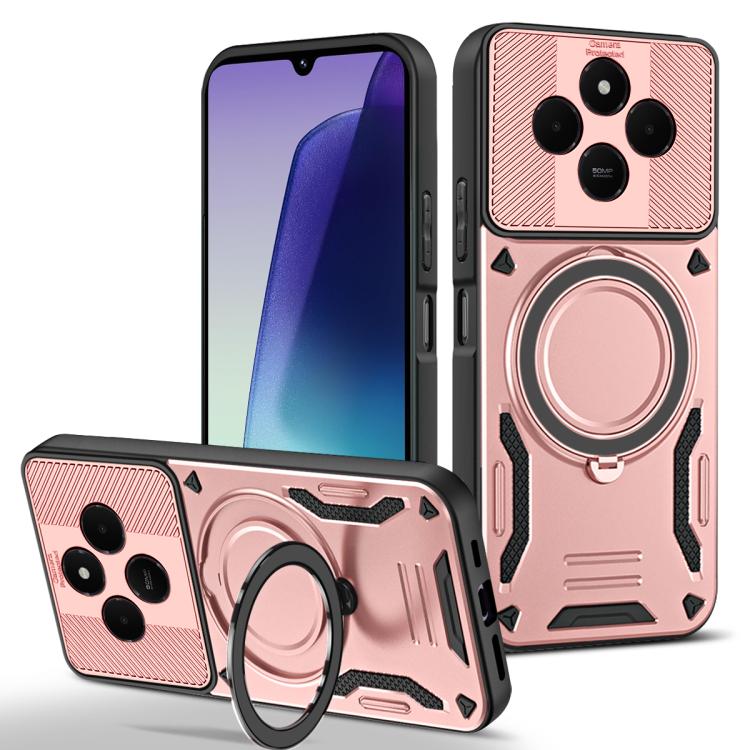 Rugged MagSafe phone case with rotating ring holder, rose gold TPU with textured grip