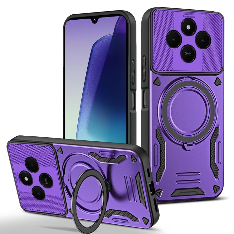 Rugged MagSafe phone case with rotating ring holder, purple TPU with textured grip