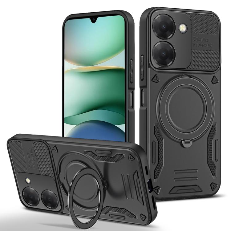 Black TPU phone case with MagSafe-style ring, rotating holder, raised camera covers