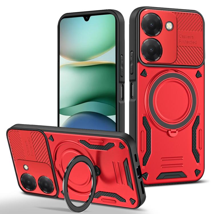 Red TPU phone case with MagSafe-style ring, rotating holder, raised camera covers