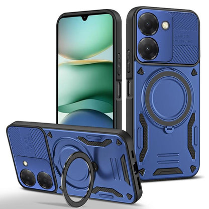 Blue TPU phone case with MagSafe-style ring, rotating holder, raised camera covers