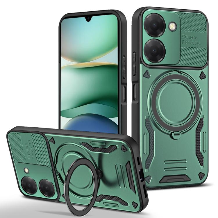 Green TPU phone case with MagSafe-style ring, rotating holder, raised camera covers