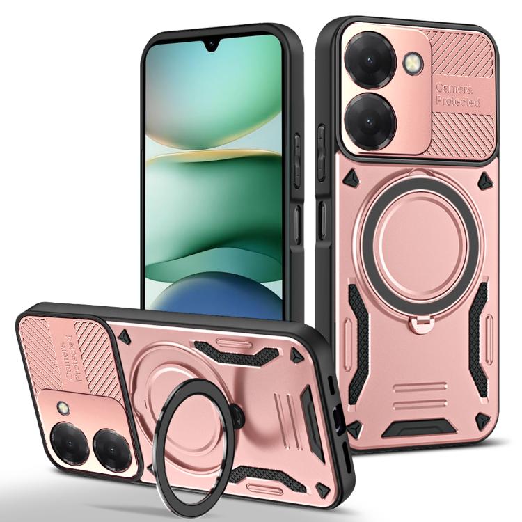 Rose gold TPU phone case with MagSafe-style ring, rotating holder, raised camera covers