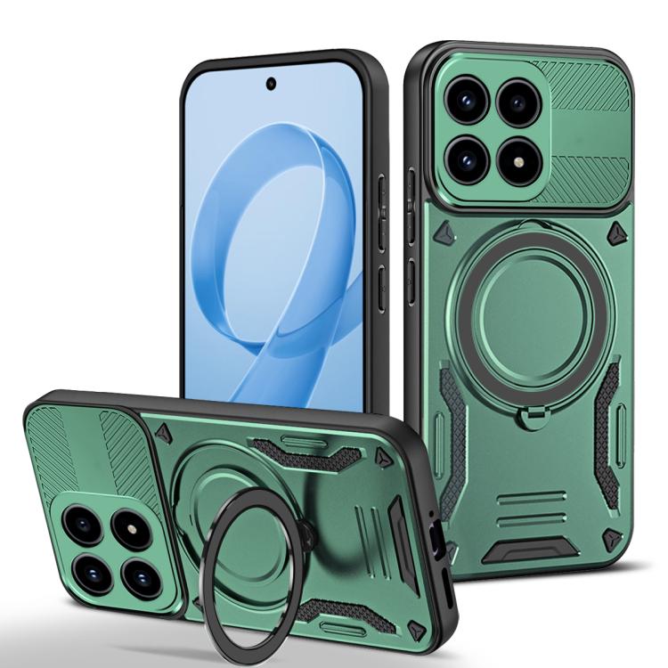 Green TPU phone case with rotating ring holder and MagSafe-style charging ring