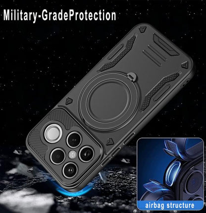 Dark TPU phone case with MagSafe ring holder and military-style drop protection design
